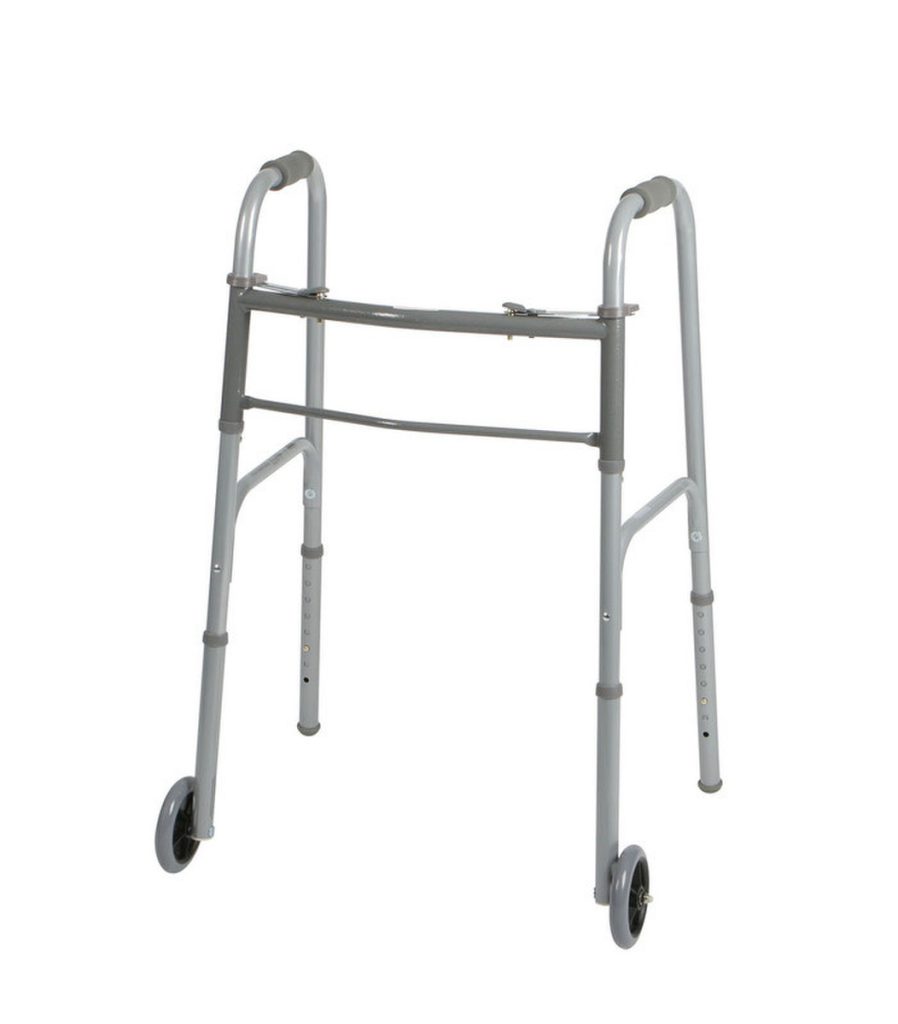 Two-Button Folding Walkers With 5" Wheels, Adult